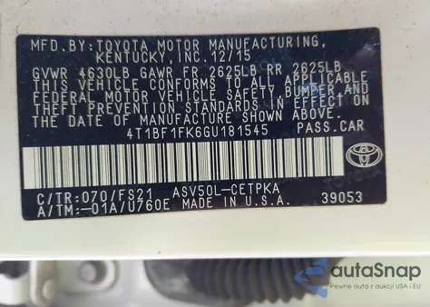 2016 Toyota Camry Se from USA, damaged, VIN 4T1BF1FK6GU181545